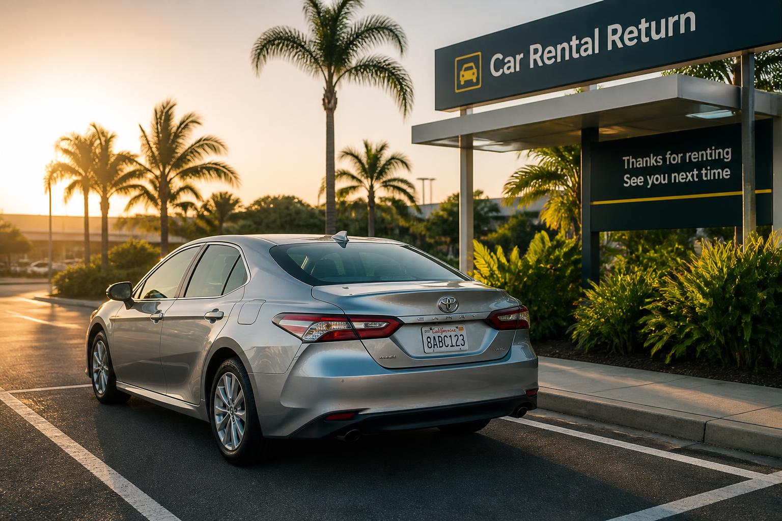 Rental car parked at an airport car rental return lot at sunset